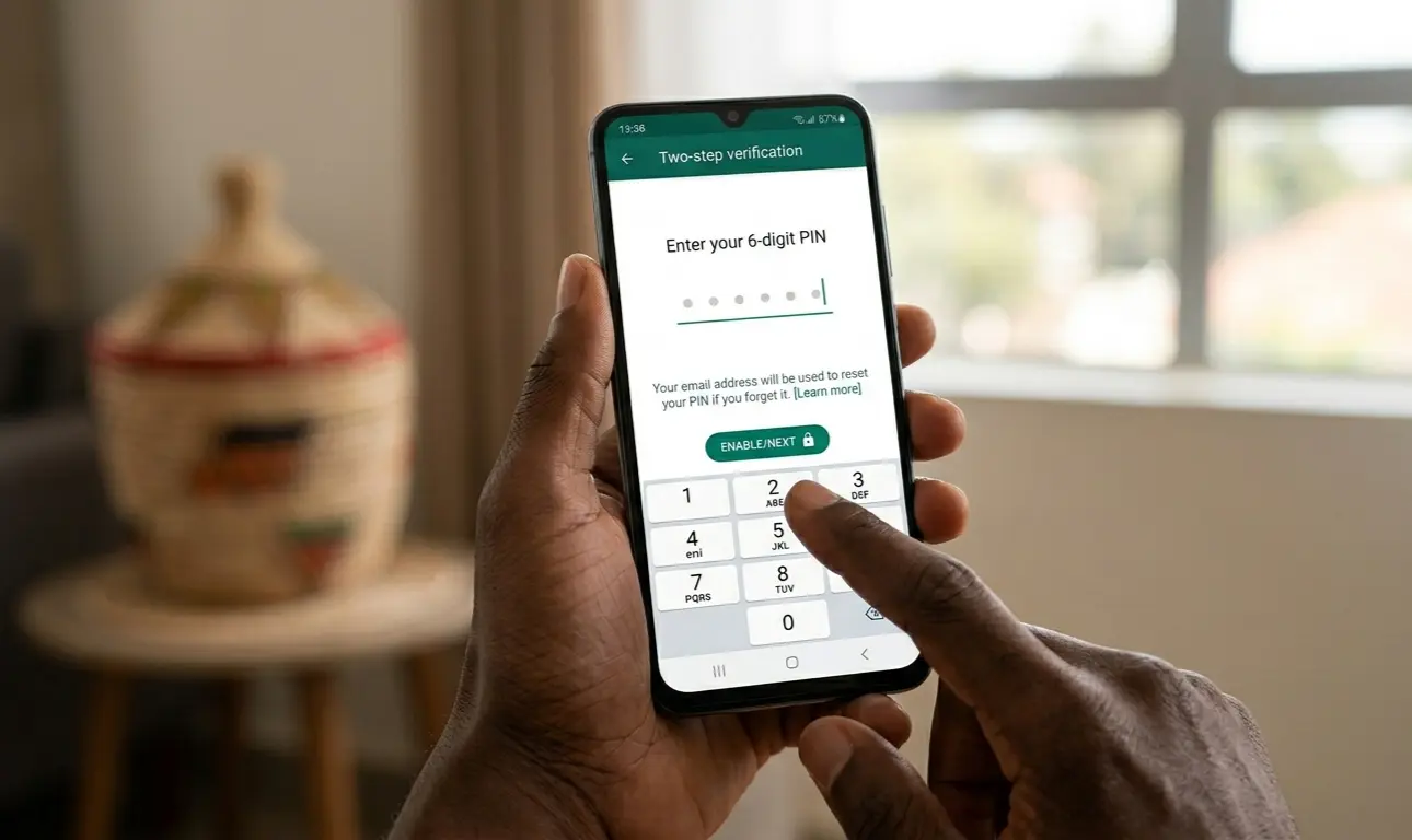 Kenyan older adult setting up WhatsApp two-step verification six digit PIN on Android phone