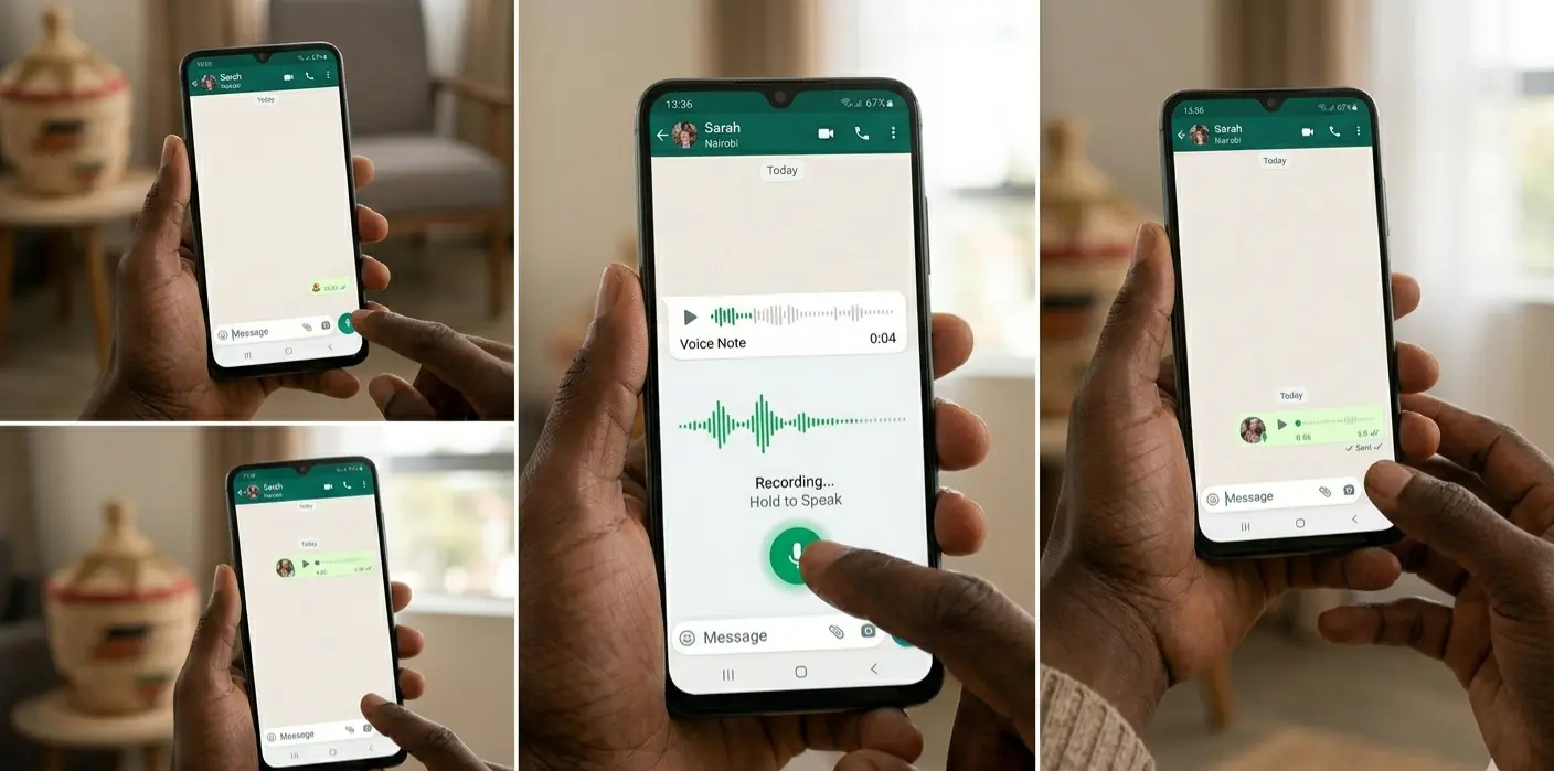 Kenyan older adult recording and sending a WhatsApp voice note — three step process shown on Android