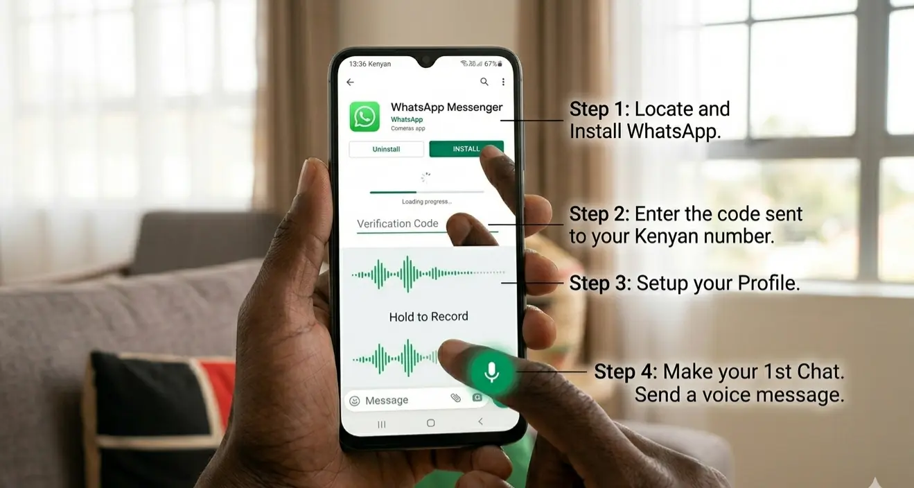 Step by step WhatsApp installation guide for Kenyan seniors showing 4 steps on Android phone