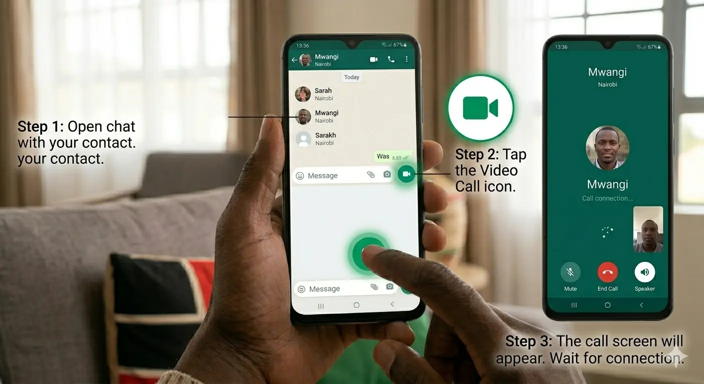 Step by step guide to making a WhatsApp video call in Kenya — three steps shown on Android phone