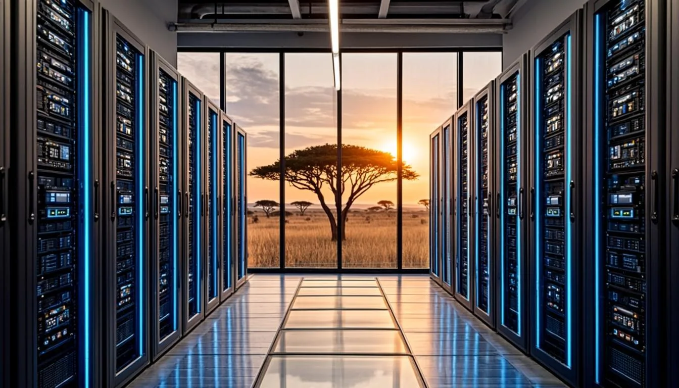 Africa's Data Centre Boom: What It Means for Kenya — server racks in a data centre overlooking an African savanna sunset