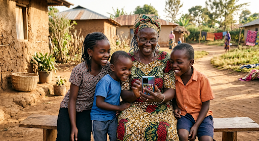 Smiling African grandmother in a colourful dress seated outdoors with three young grandchildren, all gathered around a smartphone and laughing together — representing the joy of intergenerational connection through technology in a rural African community