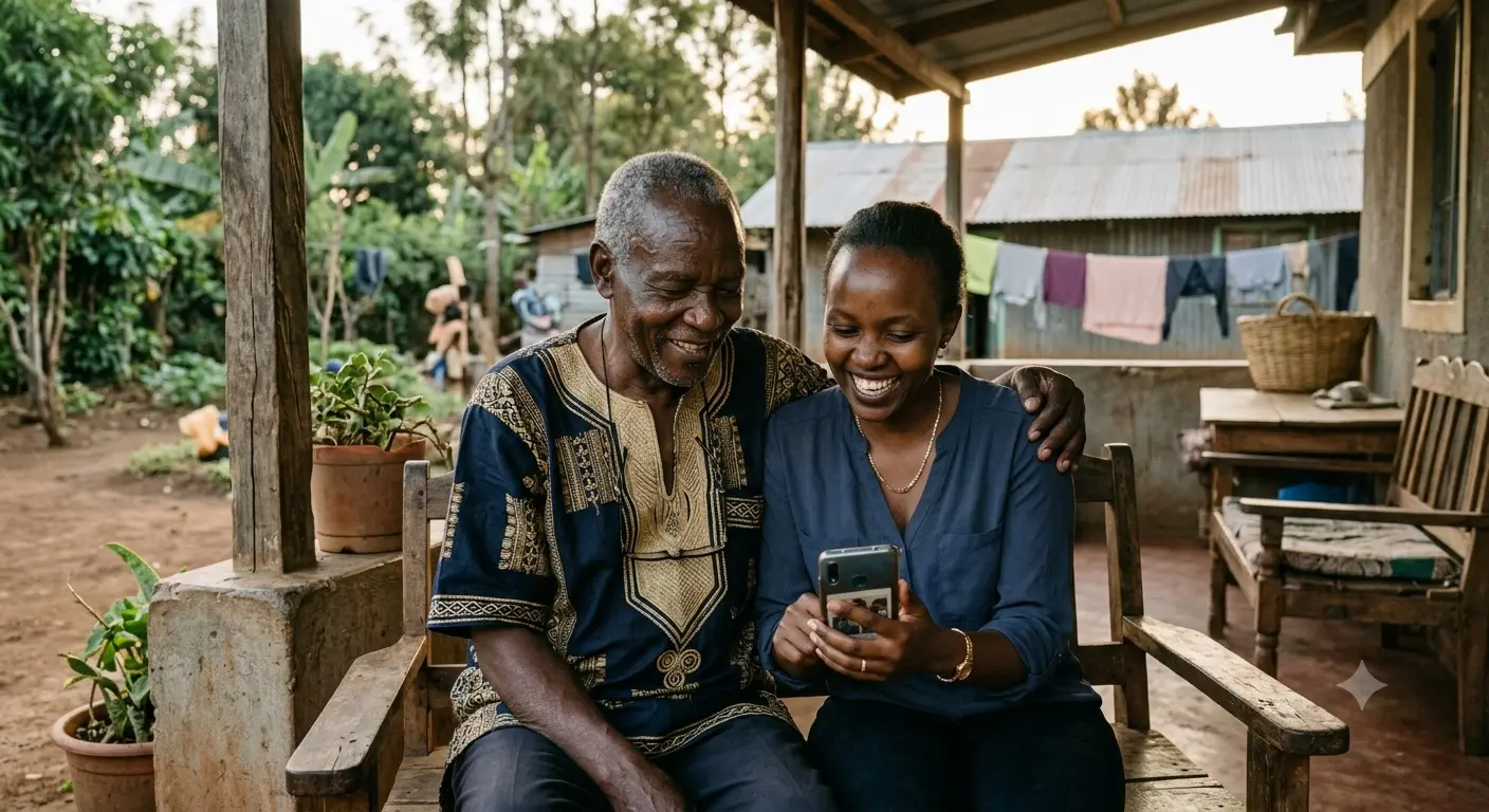 An older Kenyan man and his adult daughter sitting together on a porch at dusk, looking at a smartphone screen together and smiling, warm natural light