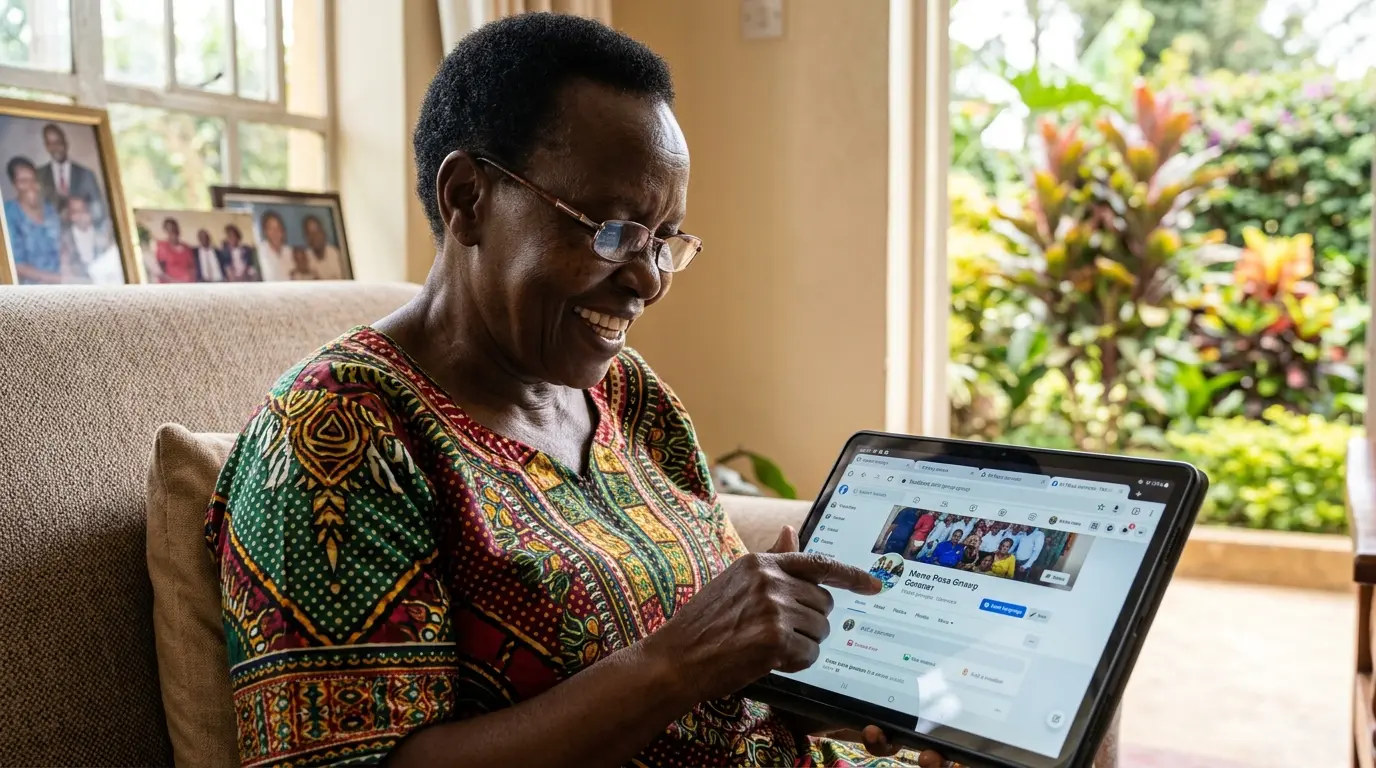 Elderly Kenyan senior smiling while using tablet to connect with Facebook group