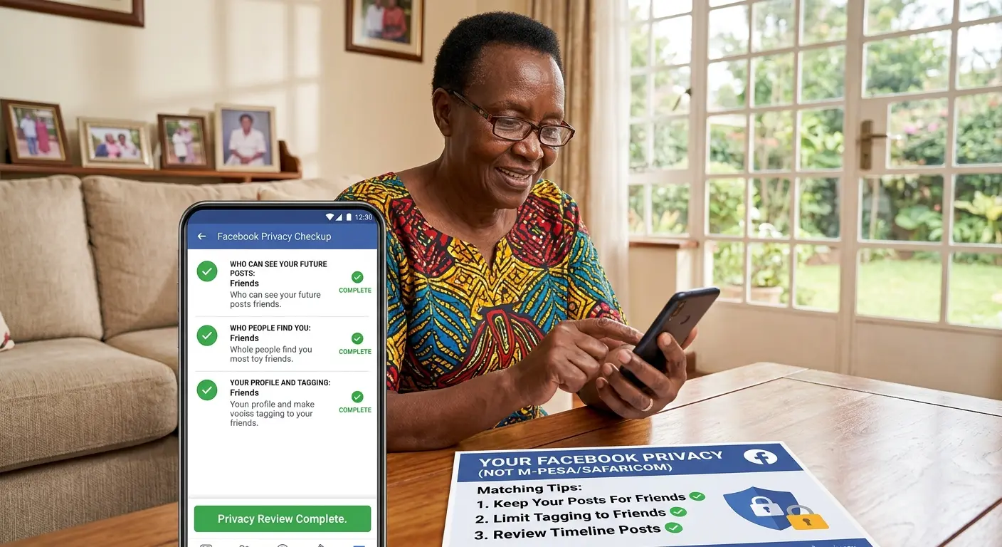 Smartphone screen showing Facebook privacy settings menu with checkmarks