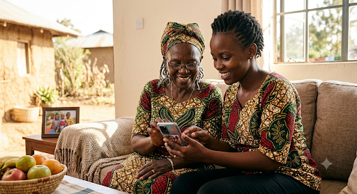 Older Kenyan woman and young woman sitting together on a sofa, both smiling while learning to use a smartphone — representing digital inclusion and intergenerational connection in Africa