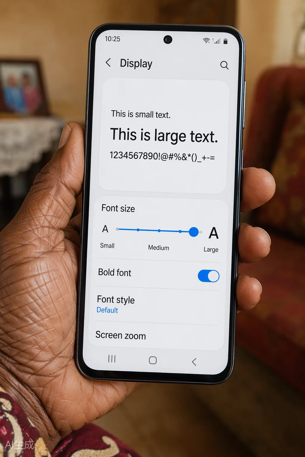Android phone Display Size and Text settings screen showing Font Size and Display Size sliders with a Bold Text toggle — demonstrating how to increase text size on Android phones including Samsung, Tecno, and Infinix