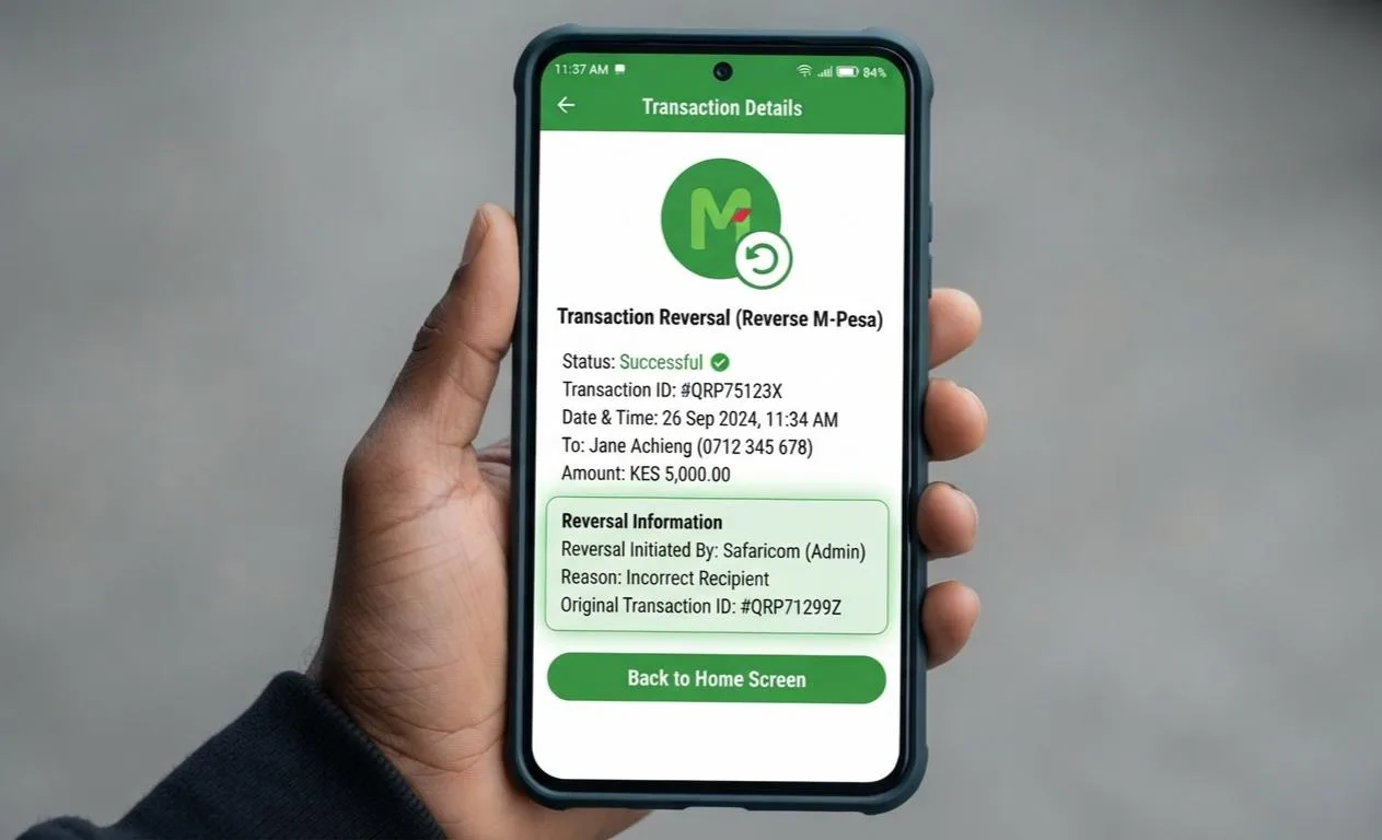 An older Kenyan adult sitting calmly on their porch, looking at their phone screen showing an M-Pesa confirmation SMS, warm natural afternoon light, peaceful expression