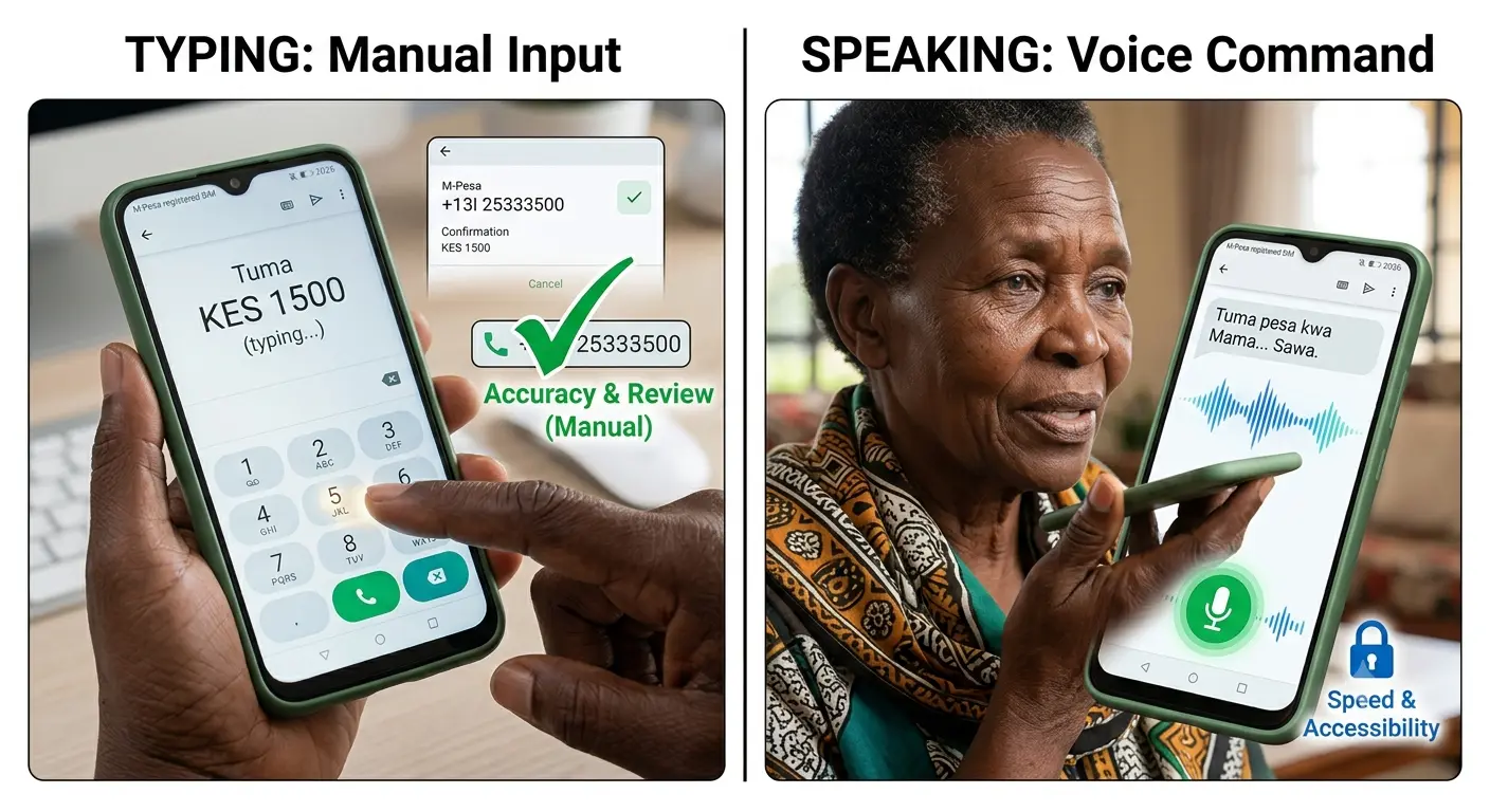 Comparison illustration showing frustrated person typing slowly versus relaxed person speaking quickly into phone