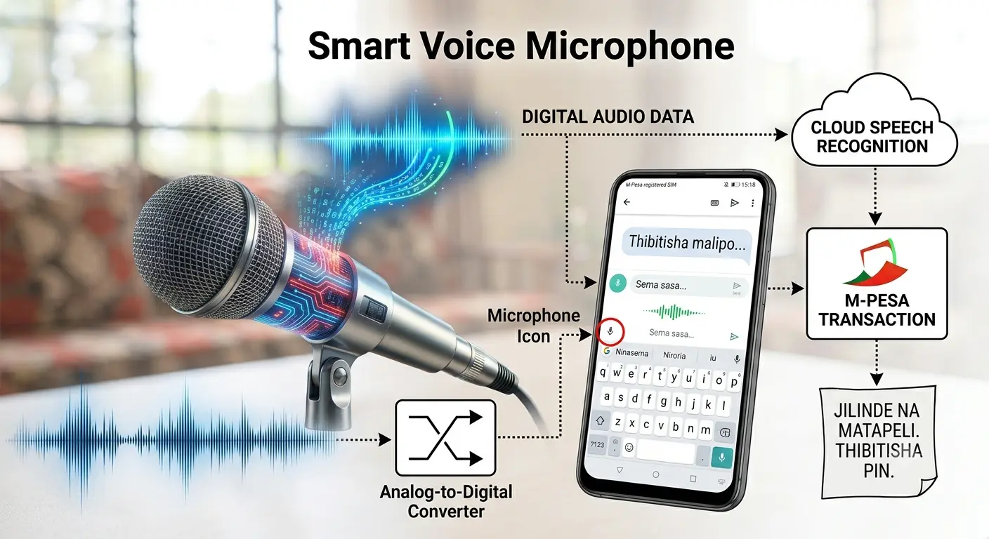 Diagram showing the microphone icon on smartphone keyboard with arrows indicating speech going in and text coming out