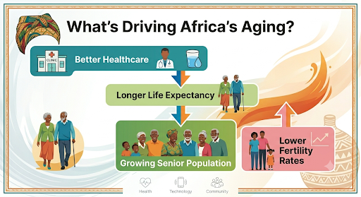 Flow diagram titled What's Driving Africa's Aging — showing Better Healthcare leading to Longer Life Expectancy, combined with Lower Fertility Rates, resulting in a Growing Senior Population. Background features African cultural patterns and colours.