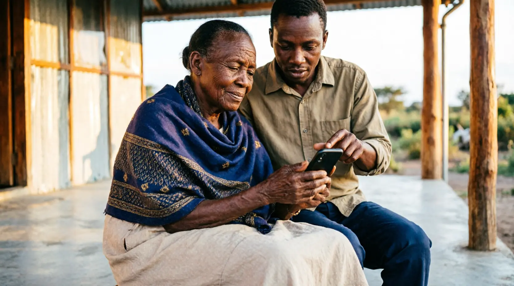 An older Kenyan woman and her adult child adjusting WhatsApp privacy settings together on a veranda